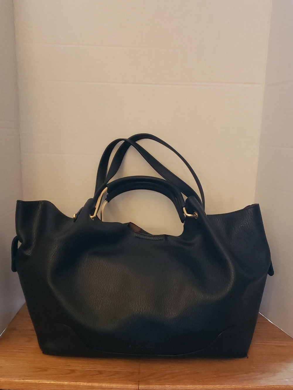 Sondra Roberts Black Vegan Leather Shoulder Tote with Removable Pouch